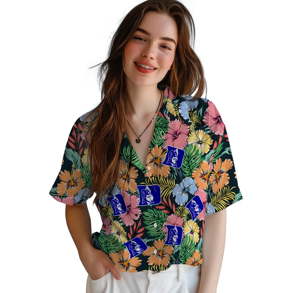 Duke Blue Devils Hawaiian Shirt - Brilliant Hibiscus Garden | Moonbestprint