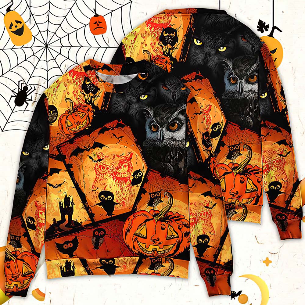 Owl And Pumpkin Halloween Christmas Sweater - Moonbestprint