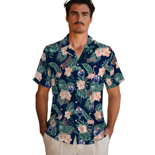 Edmonton Oilers Hawaiian Shirt - Flamingo and Hibiscus | Moonbestprint