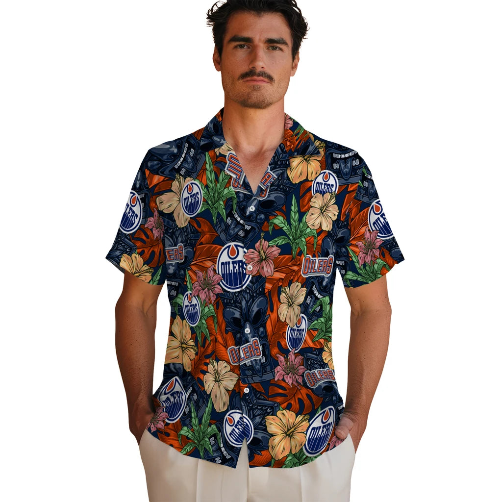 Edmonton Oilers Hawaiian Shirt - Hibiscus Tiki Jungle | Moonbestprint