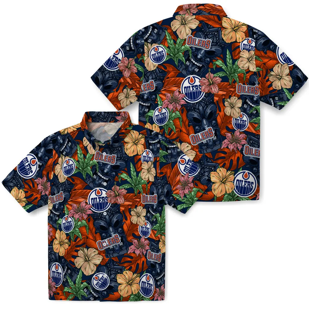 Edmonton Oilers Hawaiian Shirt - Hibiscus Tiki Jungle | Moonbestprint