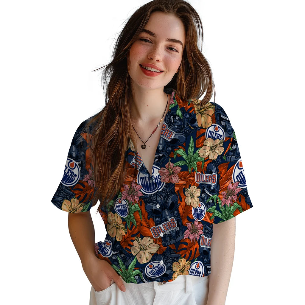 Edmonton Oilers Hawaiian Shirt - Hibiscus Tiki Jungle | Moonbestprint