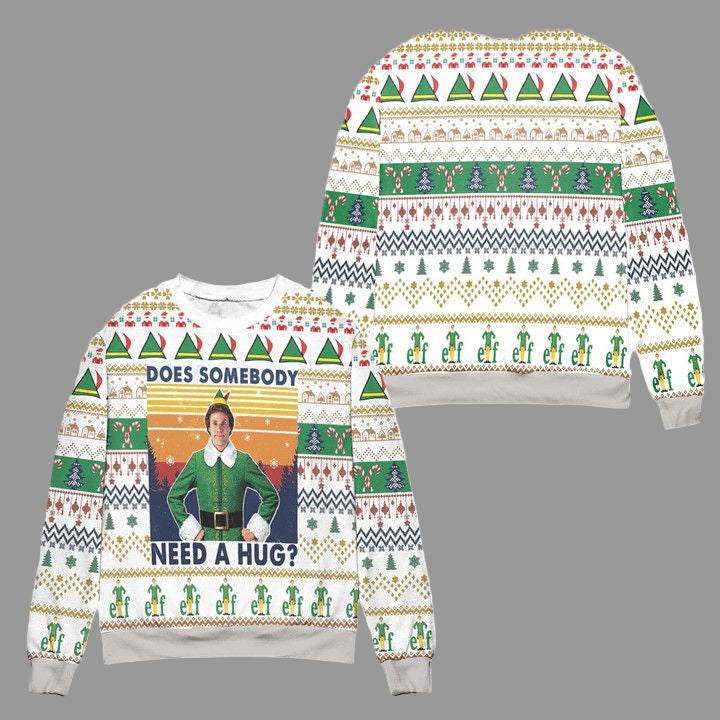 Elf Does Somebody Need A Hug Ugly Christmas Sweater ? White ? Usalast