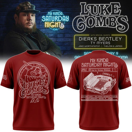 Exclusive Edition Red T-Shirt - Luke Combs x Oklahoma Sooners at Gaylord Family - Oklahoma Memorial Stadium | YR51 Moonbestprint