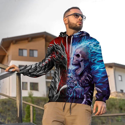 Fantasy Fire Dragon vs Blue Flame Skull 3D All Over Print Hoodie -Moonbestprint