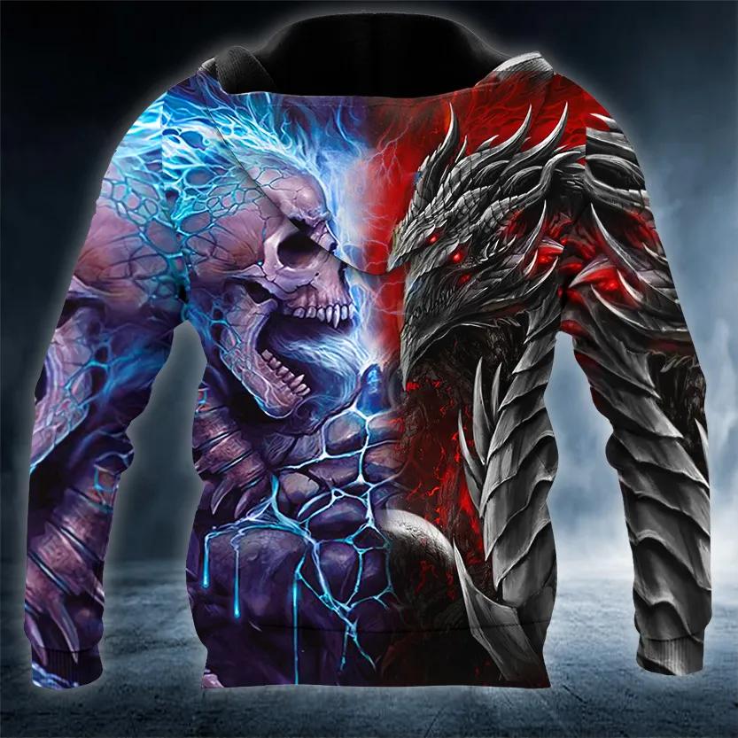 Fantasy Fire Dragon vs Blue Flame Skull 3D All Over Print Hoodie -Moonbestprint