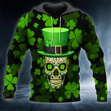 Funny 4 Leaf Clover Patrick's Day Sugar Skull 3D All Over Print Hoodie -Moonbestprint