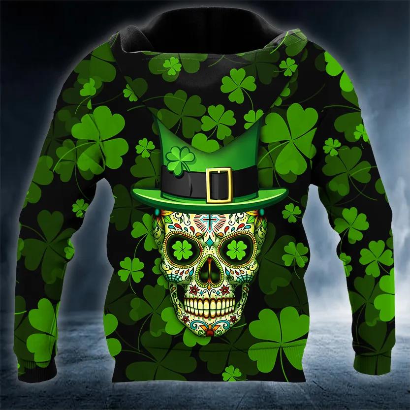 Funny 4 Leaf Clover Patrick's Day Sugar Skull 3D All Over Print Hoodie -Moonbestprint