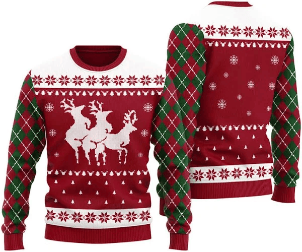 Naughty Reindeer Threesome Ugly Christmas Sweater Red – Moonbestprint