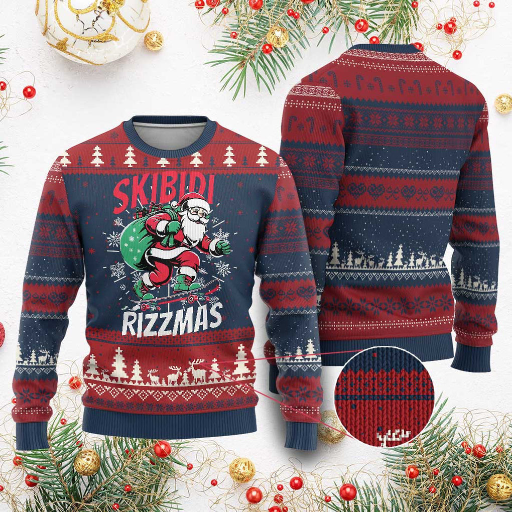 Retro Skibidi Rizzmas Claus Skating Board Xmas Sweater – Moonbestprint