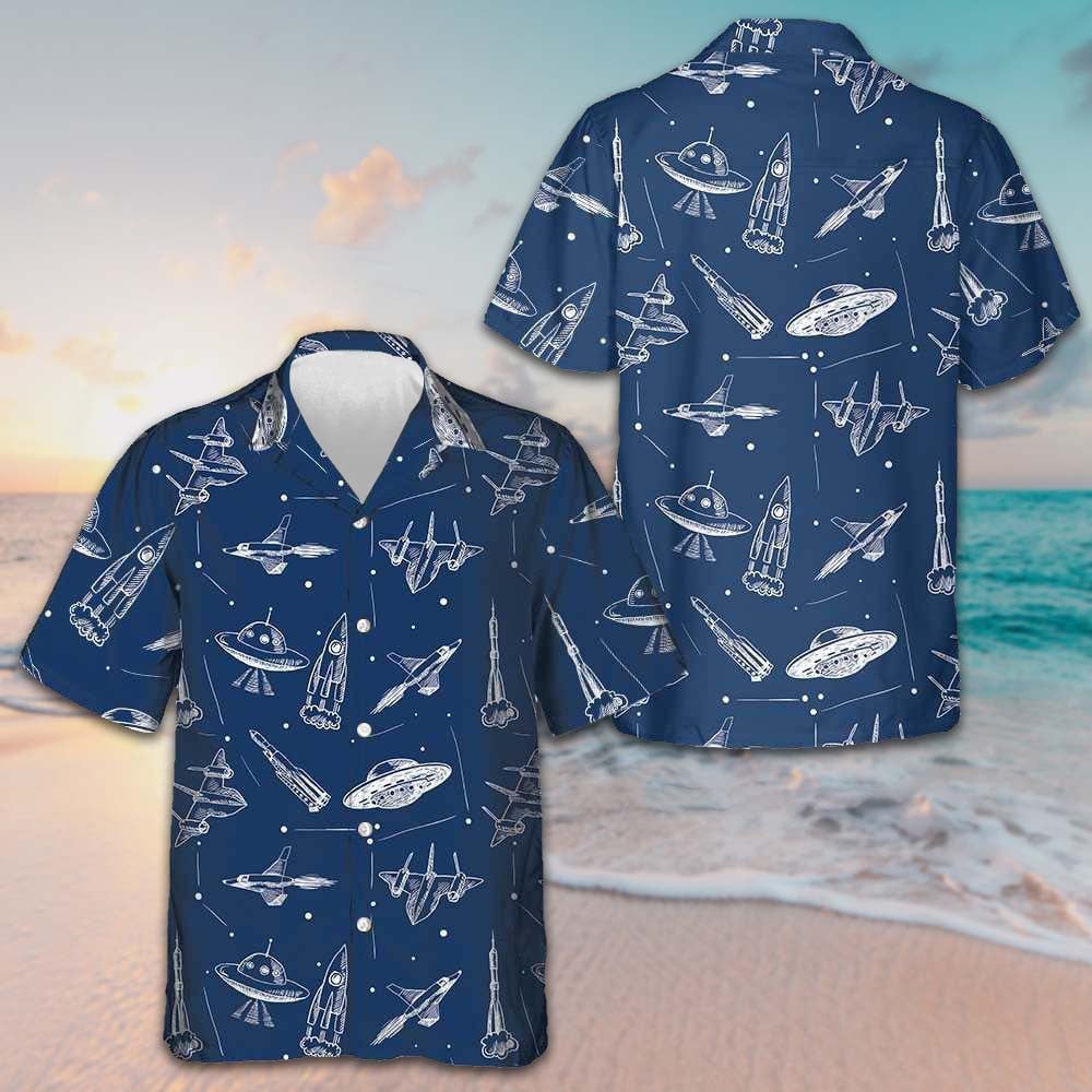 Space Aircraft Seamless Pattern Hawaiian Shirt Navy Aircraft Aviation Shirt Gift For Men – Moonbestprint