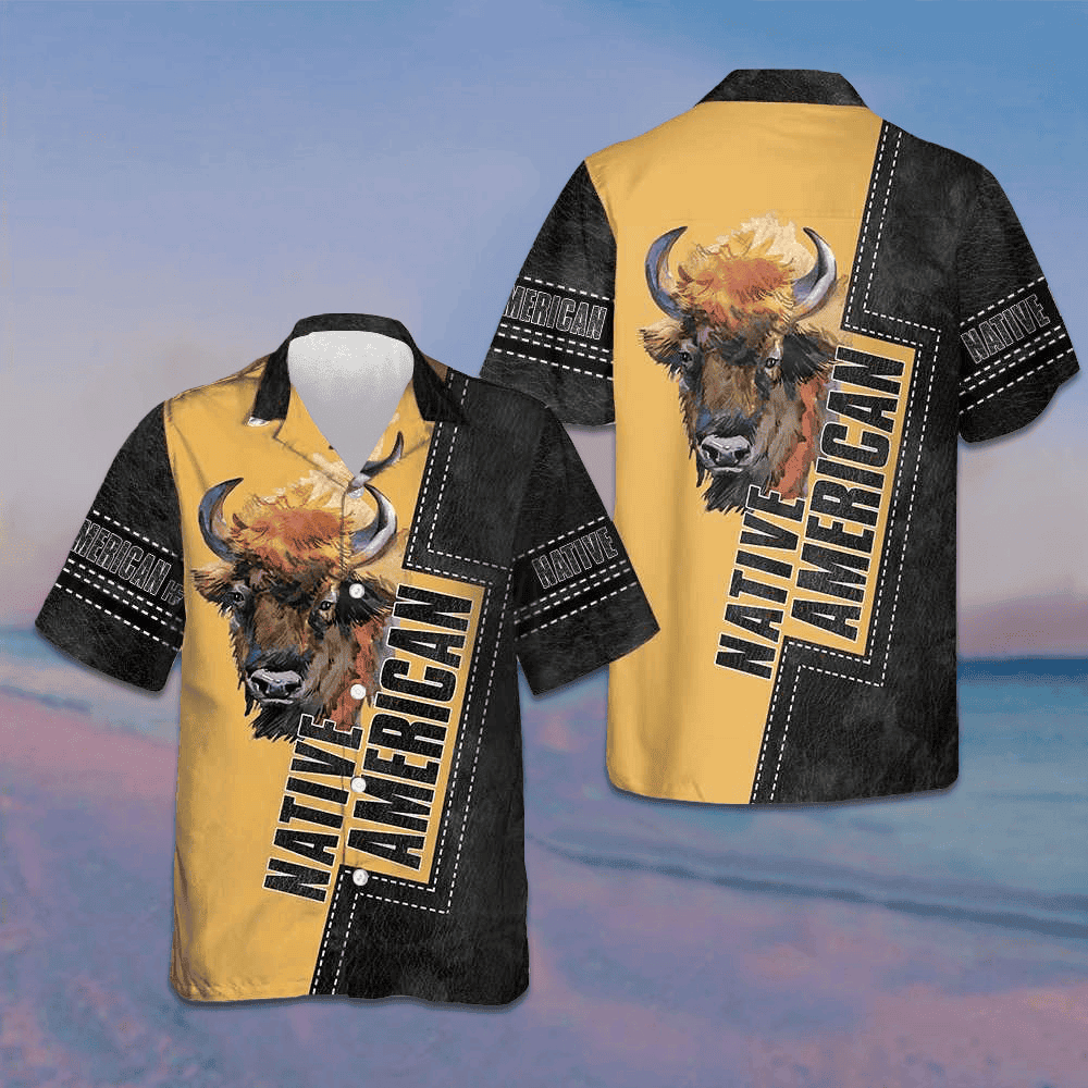 Native American Forest Bison Hawaiian Shirt Black And Yellow Button Up Shirt Men's – Moonbestprint