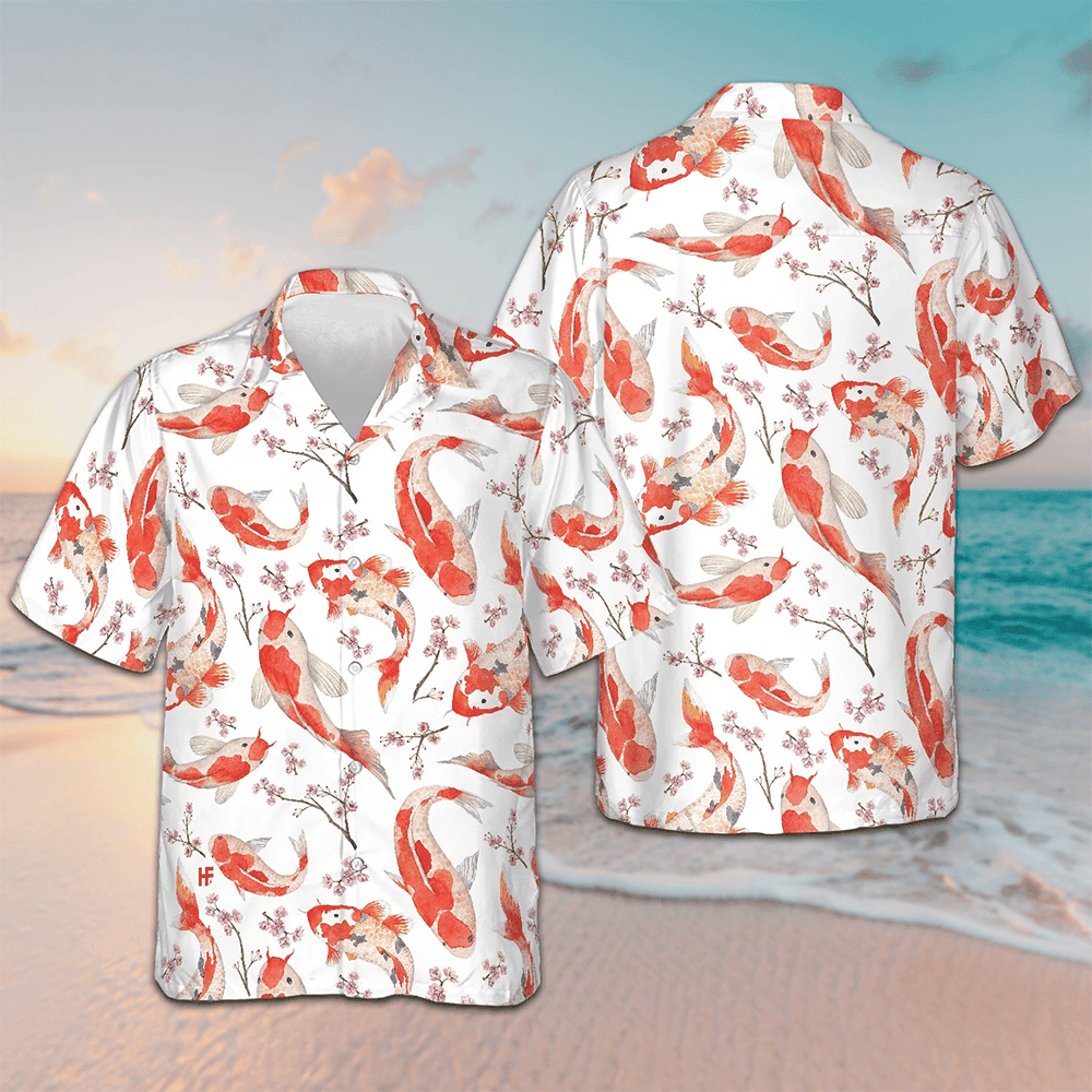 Koi Fish And Cherry Blossom Hawaiian Shirt Men's Beach Button Up Gifts For Koi Lovers – Moonbestprint