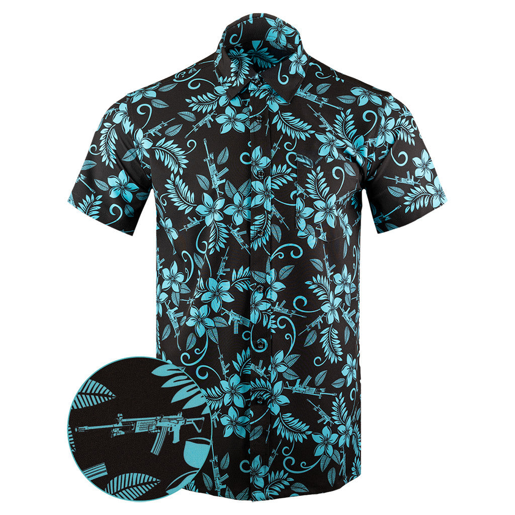 Hulu Black Cyan Button Down Shirt Tactical Tropical Print Shirt Birthday Present For Dad – Moonbestprint