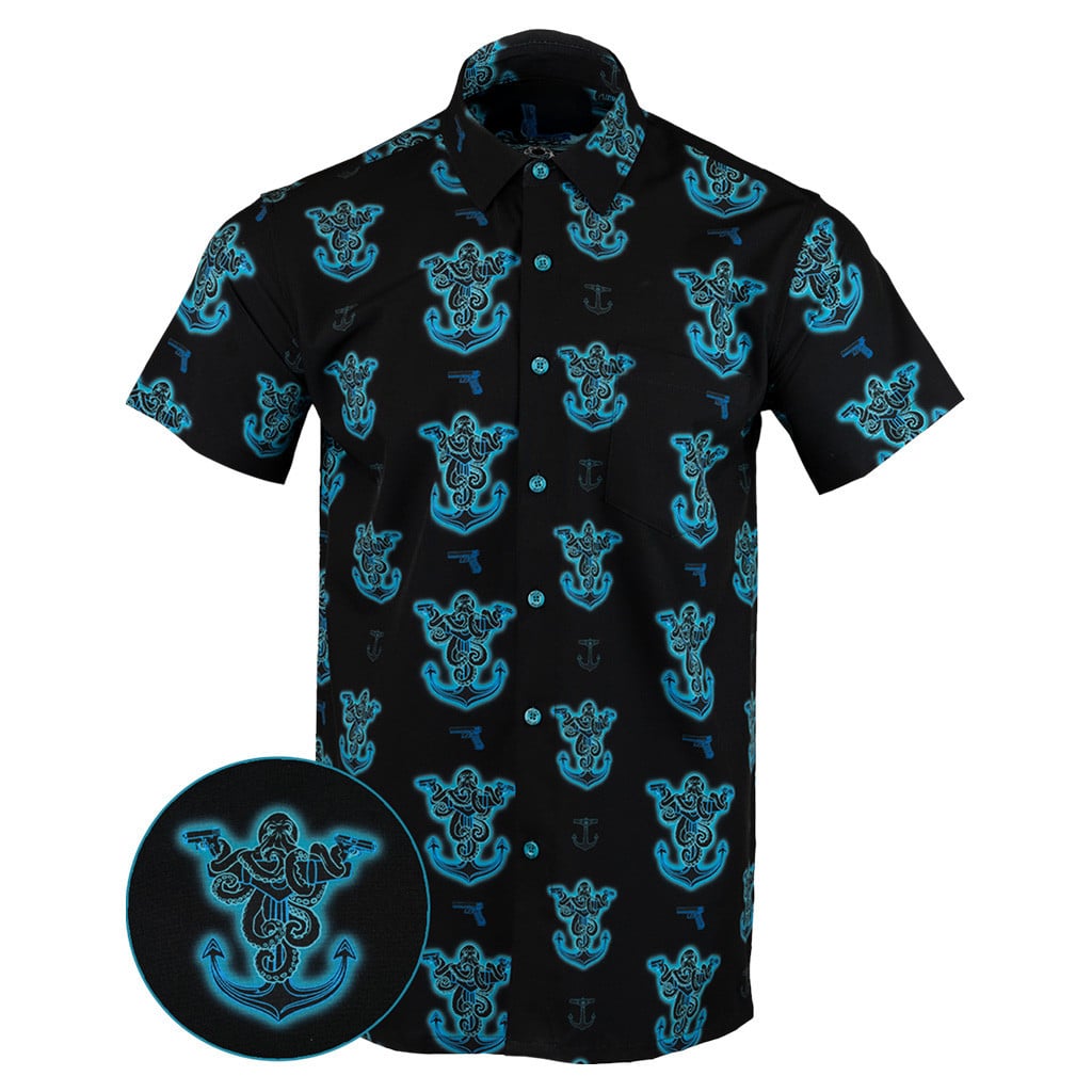 Glocktopus Black Cyan Button Down Shirt Outdoor Hawaiian Tactical Shirt Gift Ideas For Friends – Moonbestprint