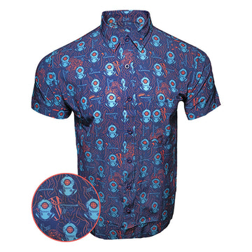 Deep Dive Navy Orange Button Down Shirt Gun Print Hawaiian Shirt Christmas Presents For Men – Moonbestprint