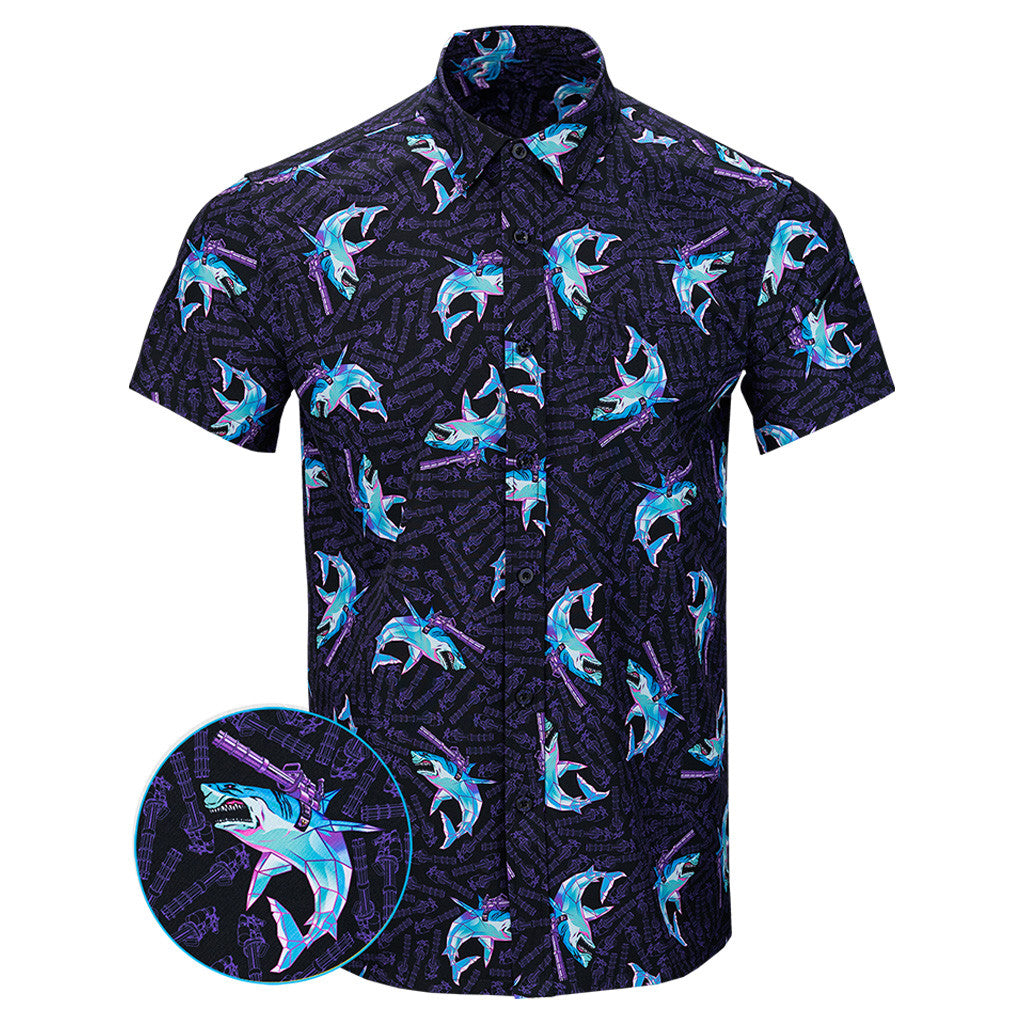 Synth Shark Black Button Down Shirt Tactical Shirt Hawaii Style Birthday Present For Husband – Moonbestprint