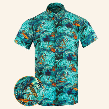Surfs Up Teal Button Down Shirt Tactical Shirt Hawaii Style Birthday Gift For Husband – Moonbestprint