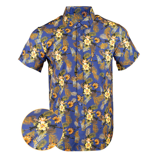 Tropics Blue Gold Button Down Shirt Tactical Aloha Print Shirt Pro Gun Merch Gifts For Dudes – Moonbestprint