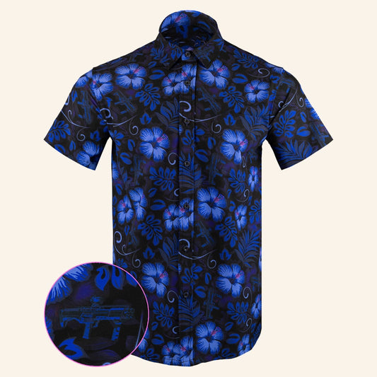 Shotgun Safari Blue Button Down Shirt Tactical Aloha Print Shirt Xmas Gifts For Husband – Moonbestprint