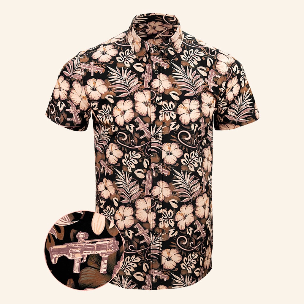 Shotgun Safari Tan Button Down Shirt Tactical Aloha Print Shirt Best Gifts For Son – Moonbestprint