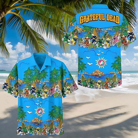 Grateful Dead Dancing Bear Blue Hawaiian Shirt - Moonbestprint