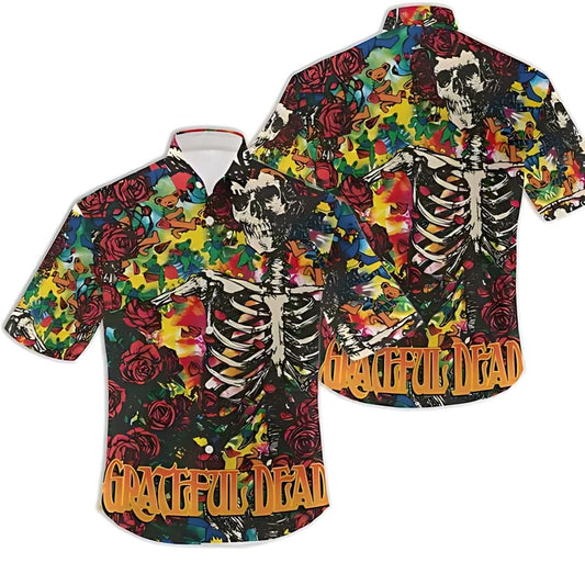 Grateful Dead Colors skeleton With Rose Hawaiian Shirt - Moonbestprint