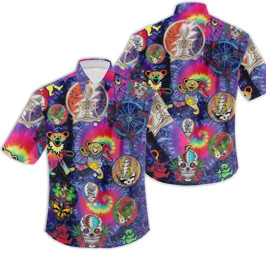 Bears Grateful Dead Tie Die With Skeleton Hawaiian Shirt - Moonbestprint