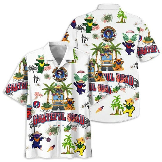 White Grateful Dead Hawaiian Shirt with Bears and Bus - Moonbestprint