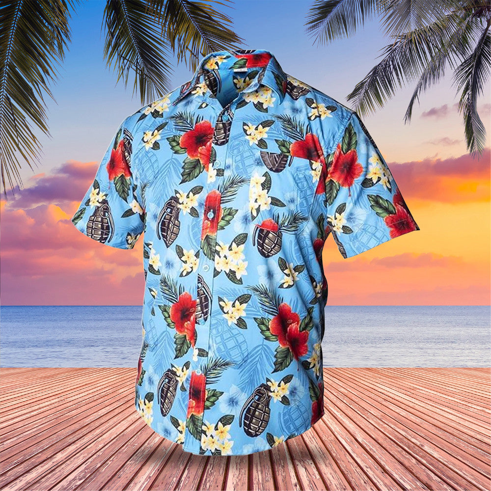 Tactical Hawaiian Shirt Blue Grenades Button Up Shirt Gifts For Gun Lovers – Moonbestprint