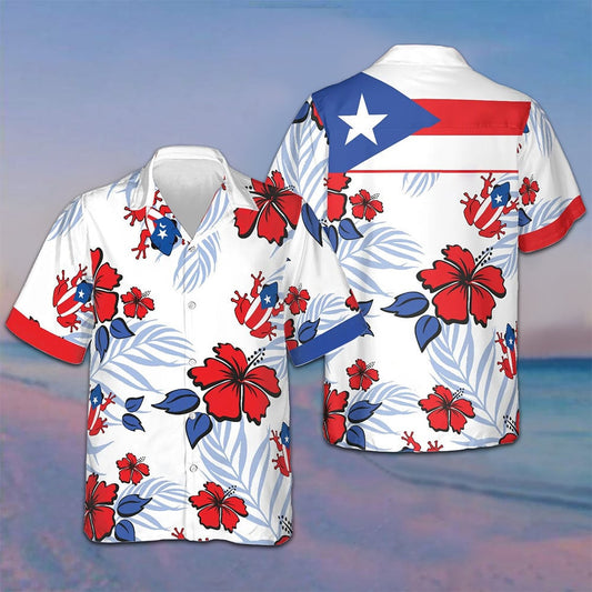 Puerto Rico Flag Frog And Hibiscus Hawaiian Shirt Summer Button Up Shirts Patriotic Gifts – Moonbestprint