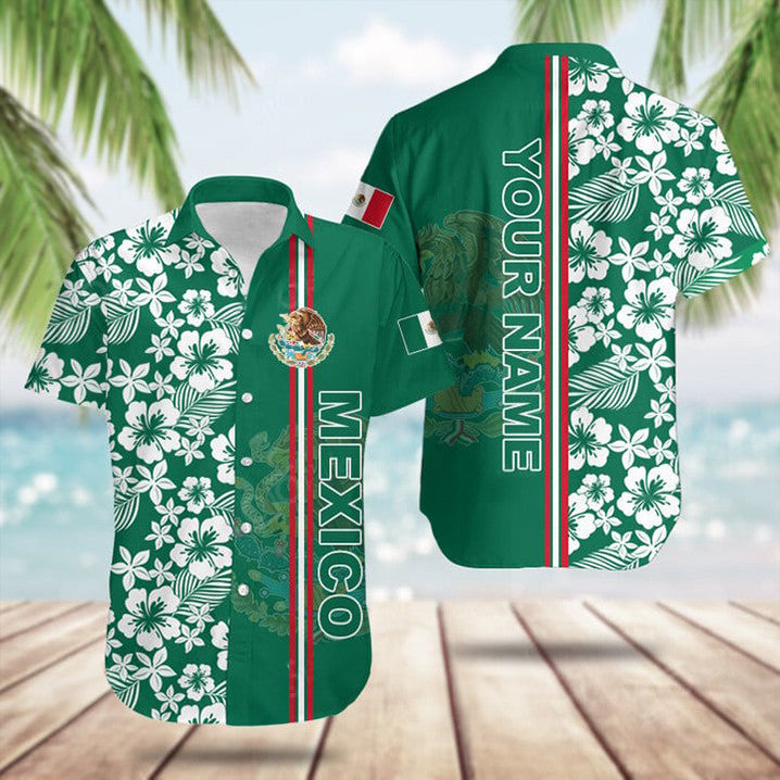 Custom Mexico Coat Of Arms Hibiscus Pattern Hawaiian Shirt Beach Button Up Gifts For Mexican – Moonbestprint