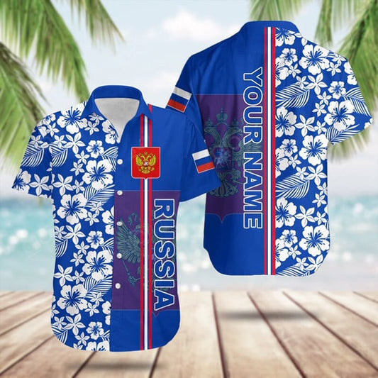 Custom Russia Coat Of Arms Hibiscus Pattern Hawaiian Shirt Summer Gifts For Russian – Moonbestprint
