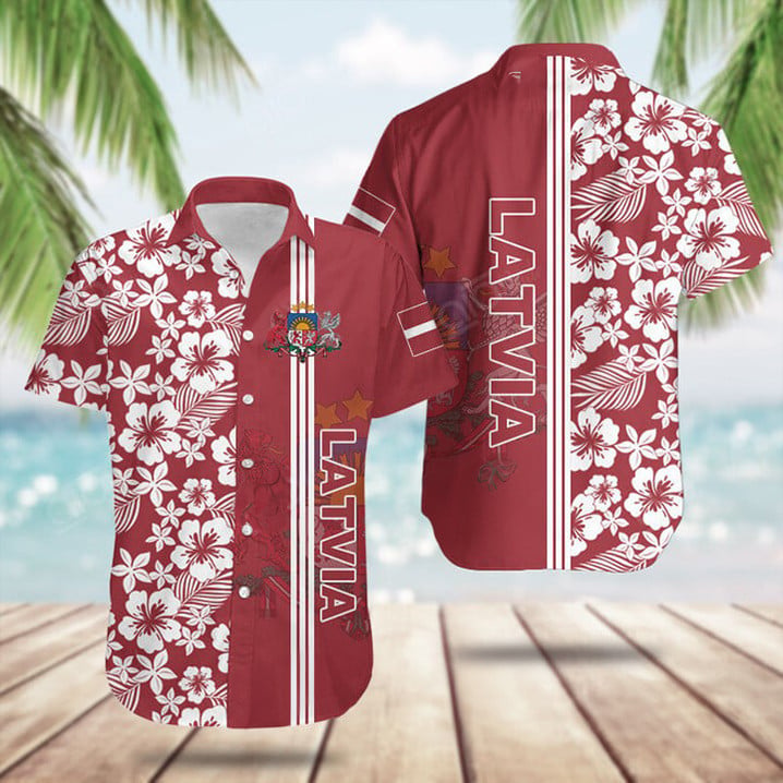 Latvia Coat Of Arms Hibiscus Pattern Hawaiian Shirt Latvian Clothing Gifts For Summer – Moonbestprint