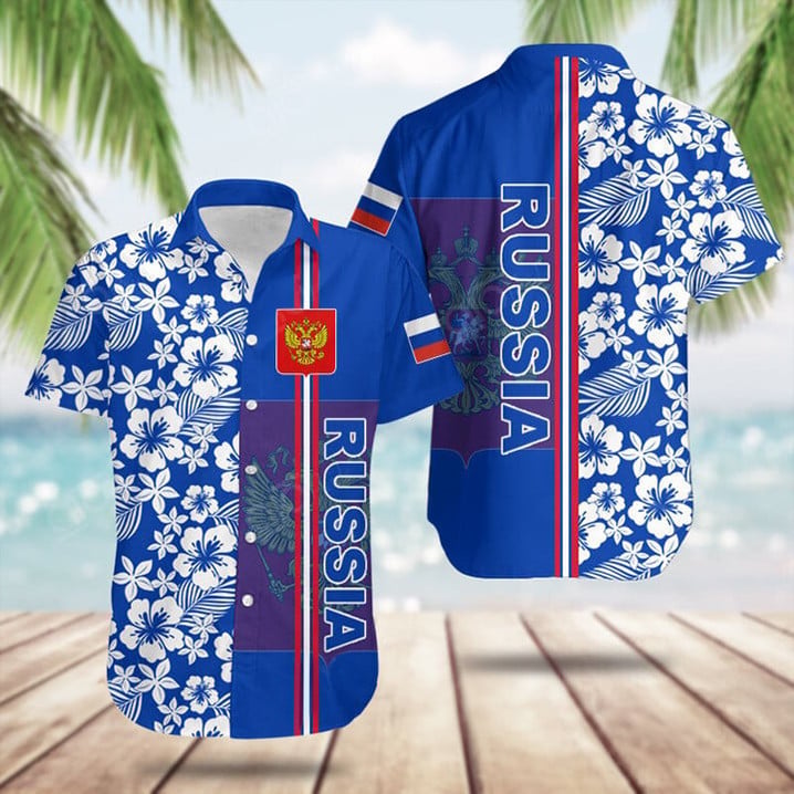 Russia Coat Of Arms Hibiscus Pattern Hawaiian Shirt Summer Button Up Gifts For Russian – Moonbestprint