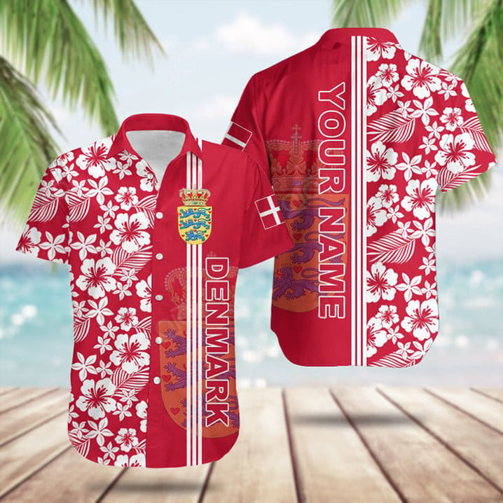 Custom Denmark Coat Of Arms Hibiscus Pattern Hawaiian Shirt Gifts For Someone In Denmark – Moonbestprint
