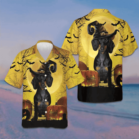 Halloween Dachshund In witch Hat Hawaiian Shirt Halloween Button Up Shirt Gift Ideas – Moonbestprint