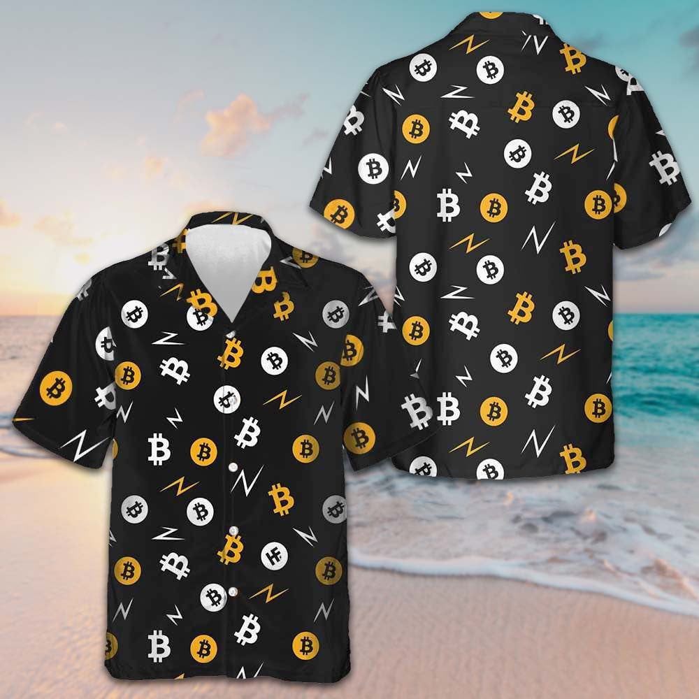 Bitcoin Seamless Pattern In Black Background Hawaiian Shirt Men's Button Down Short Sleeve – Moonbestprint