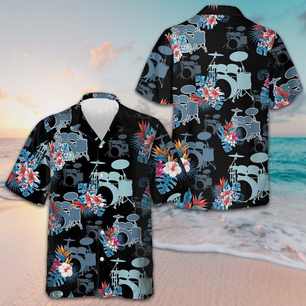 Blue Tropical Flower Drum Hawaiian Shirt Summer Button Up Shirt Best Gifts For Drummers – Moonbestprint
