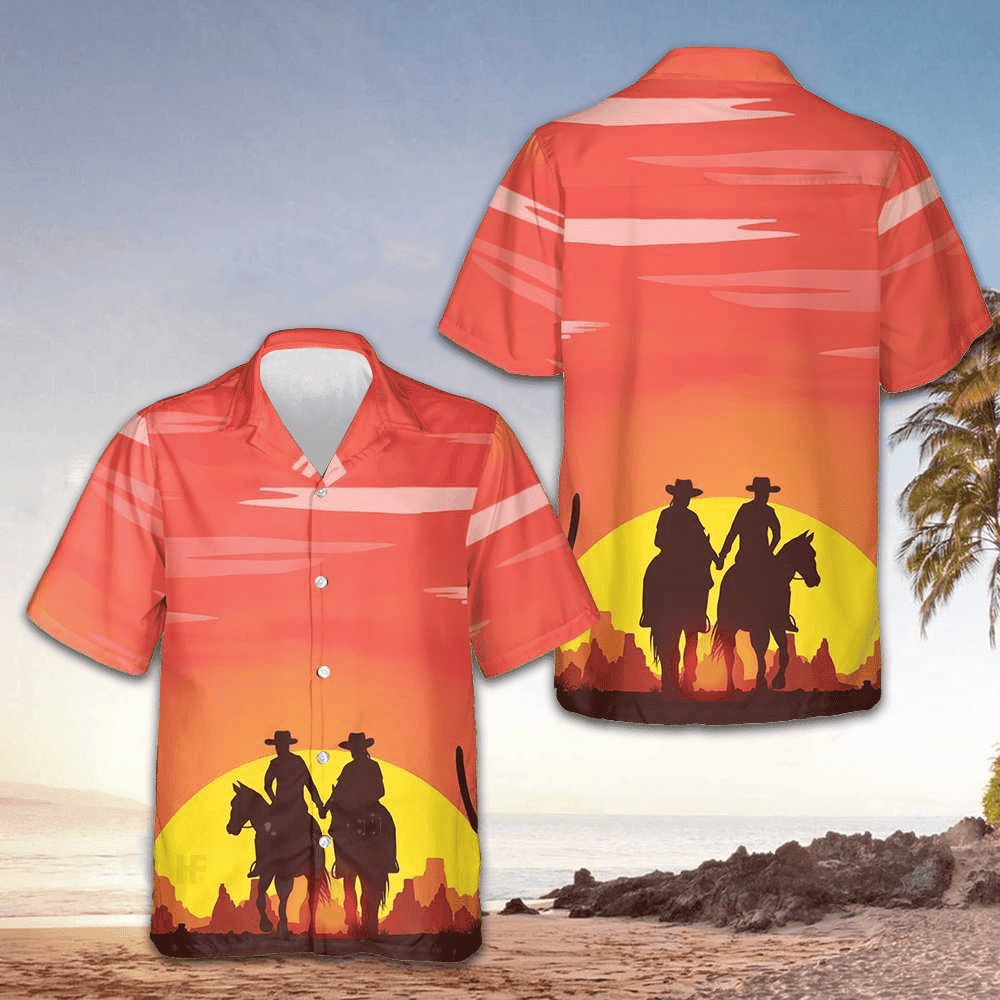 Texas Couple Cowboy Hawaiian Shirt Sunset Design Texas Cowboy Shirt Gifts For Texans – Moonbestprint