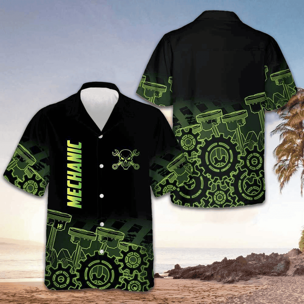 Green Steampunk Mechanic Hawaiian Shirt Vacation Button Up Shirt Gifts For Mechanic – Moonbestprint