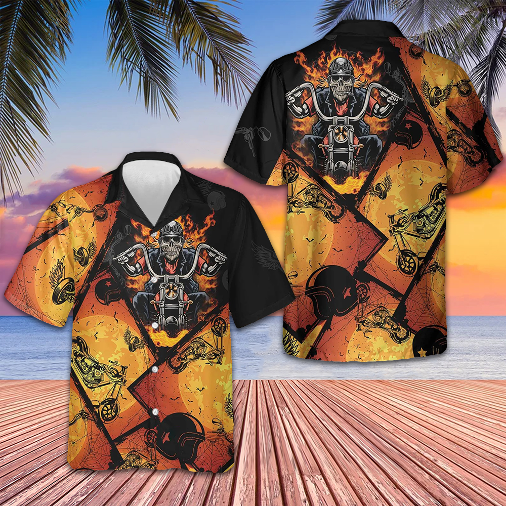 Skull Riding Motorcycle Hawaiian Shirt Flame Skull Motorcycle Shirt Gifts For Bikers – Moonbestprint