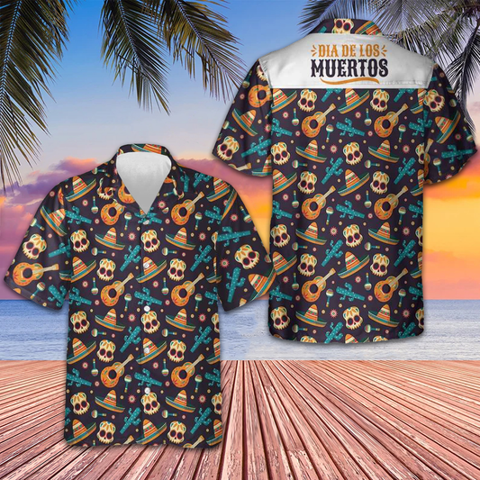 Day Of The Dead Guitar Sombrero Skull Hawaiian Shirt Day Of The Dead Shirt For Men's – Moonbestprint
