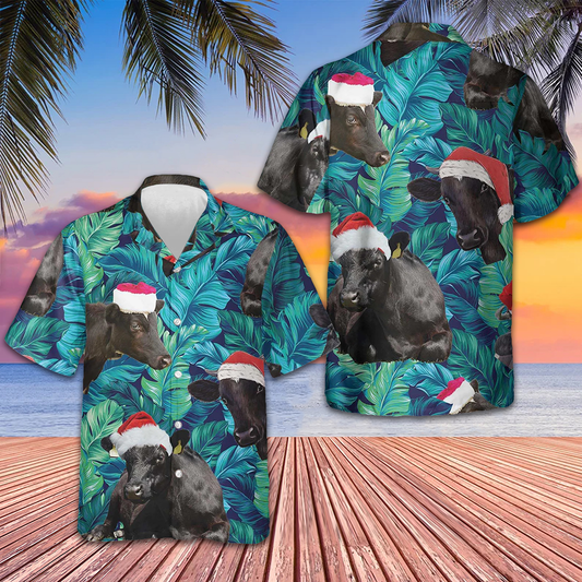 Black Cows Wear Santa Hat Hawaiian Shirt Tropical Leaves Pattern Christmas Shirt Gifts For Men – Moonbestprint