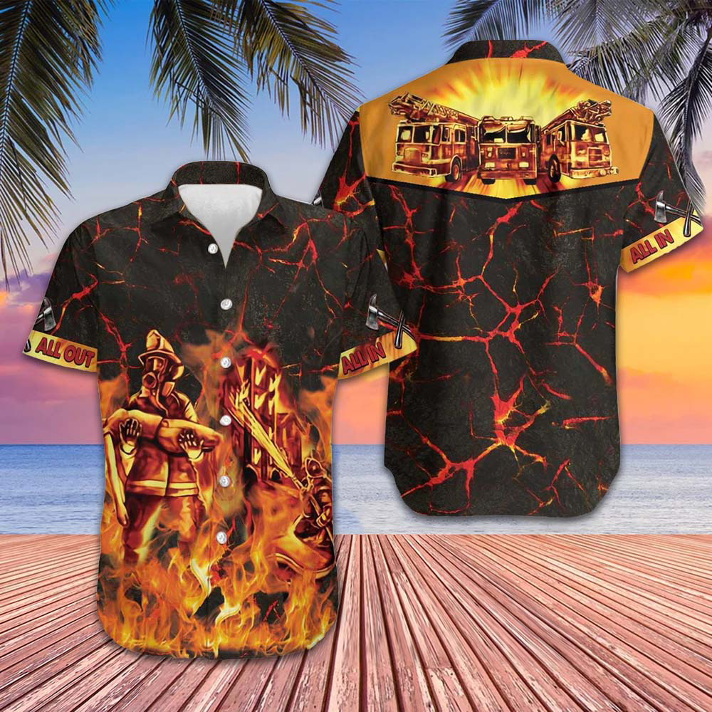 All In All Out Firefighter Hawaiian Shirt Fire Truck On Flame Firefighter Shirt For Men – Moonbestprint