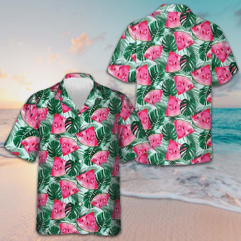 Tropical Palm Leaves Watermelon Hawaiian Shirt Beach Button Down Gifts For Watermelon Lovers – Moonbestprint