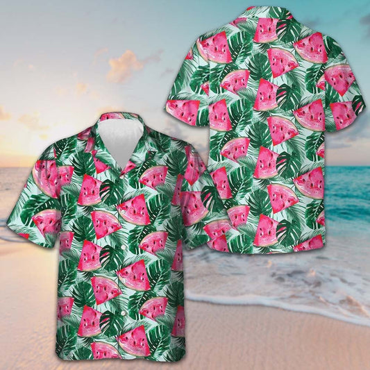 Tropical Palm Leaves Watermelon Hawaiian Shirt Beach Button Down Gifts For Watermelon Lovers – Moonbestprint
