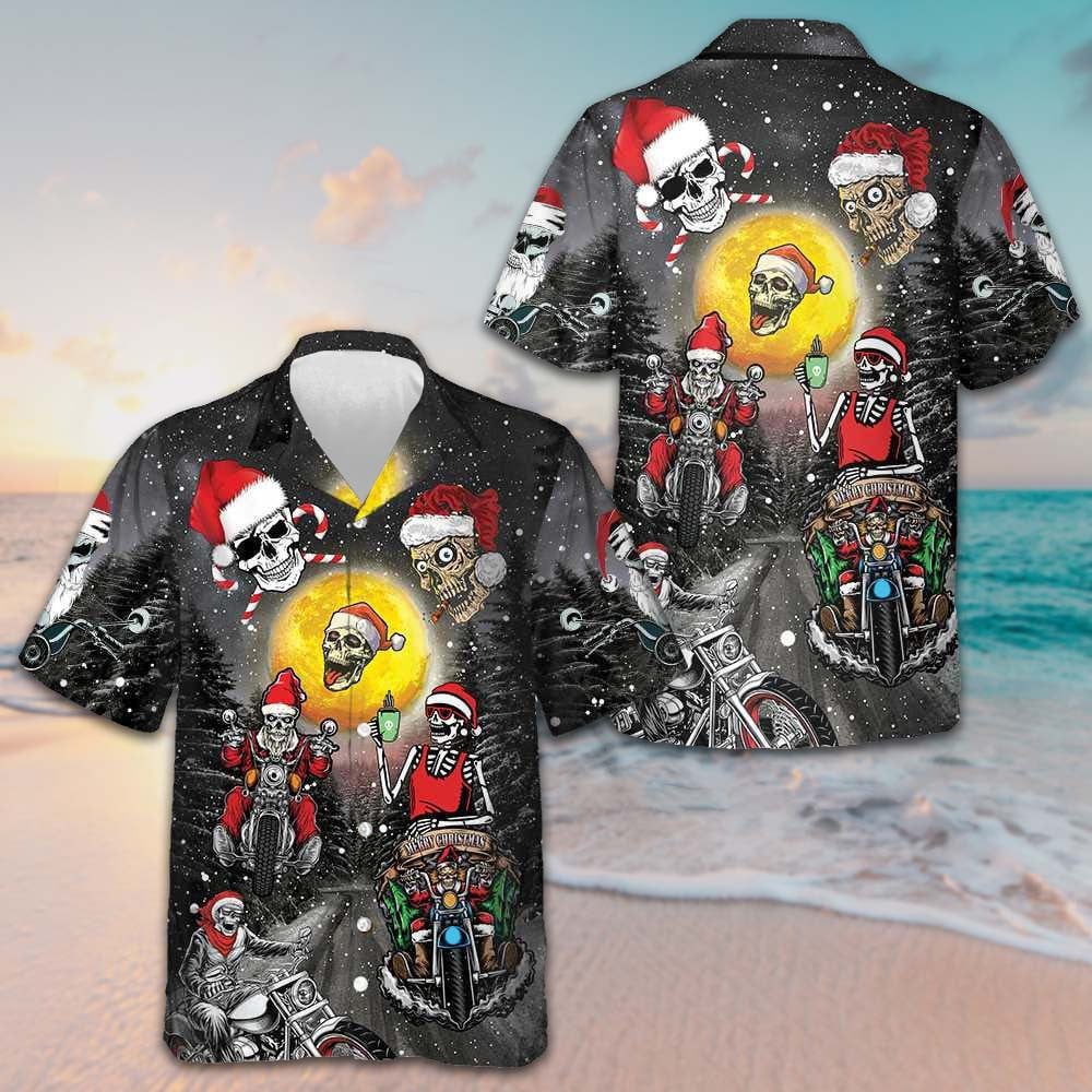 Santa Skeleton Merry Christmas Hawaiian Shirt Santa Riding Motorcycle Xmas Shirt Gifts For Men – Moonbestprint