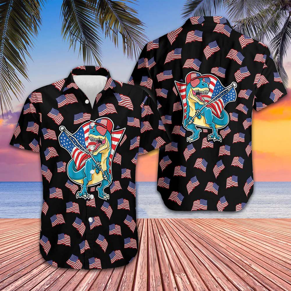 American Flag T-Rex Hawaiian Shirt Funny Dinosaur Patriotic Shirt Gifts For Son – Moonbestprint