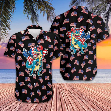 American Flag T-Rex Hawaiian Shirt Funny Dinosaur Patriotic Shirt Gifts For Son – Moonbestprint
